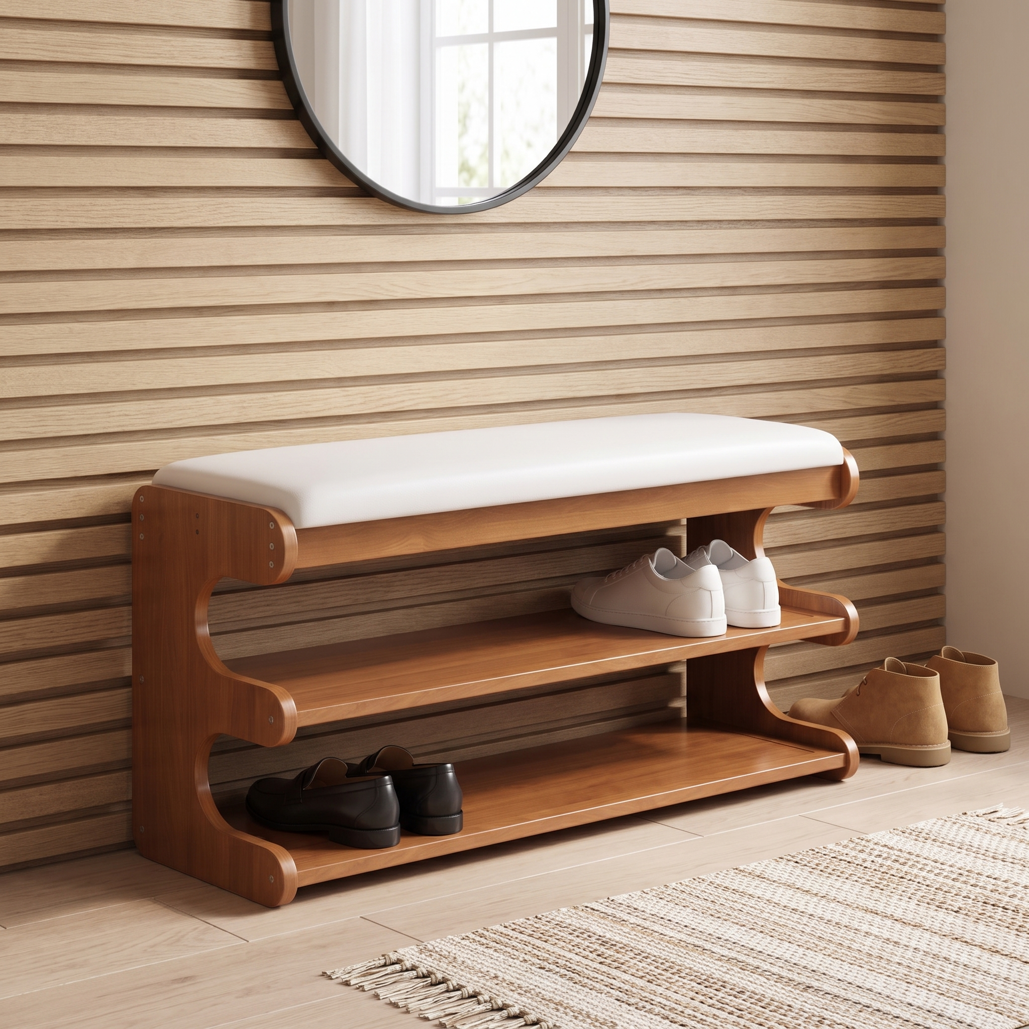 Lina bamboo shoe bench against a light oak timber slat wall in a Japandi apartment entry
