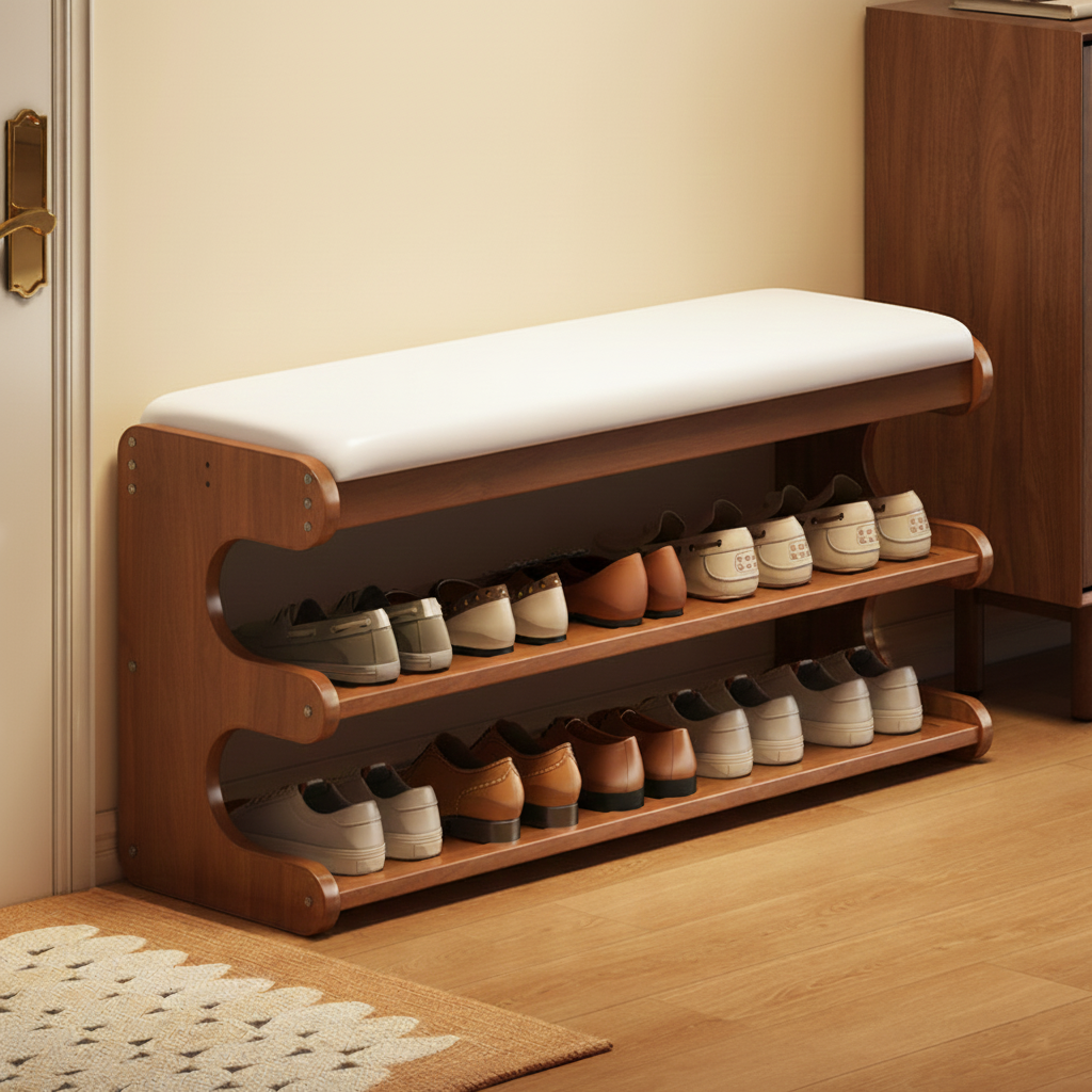 Lina bamboo shoe bench with a natural bamboo frame and padded seat