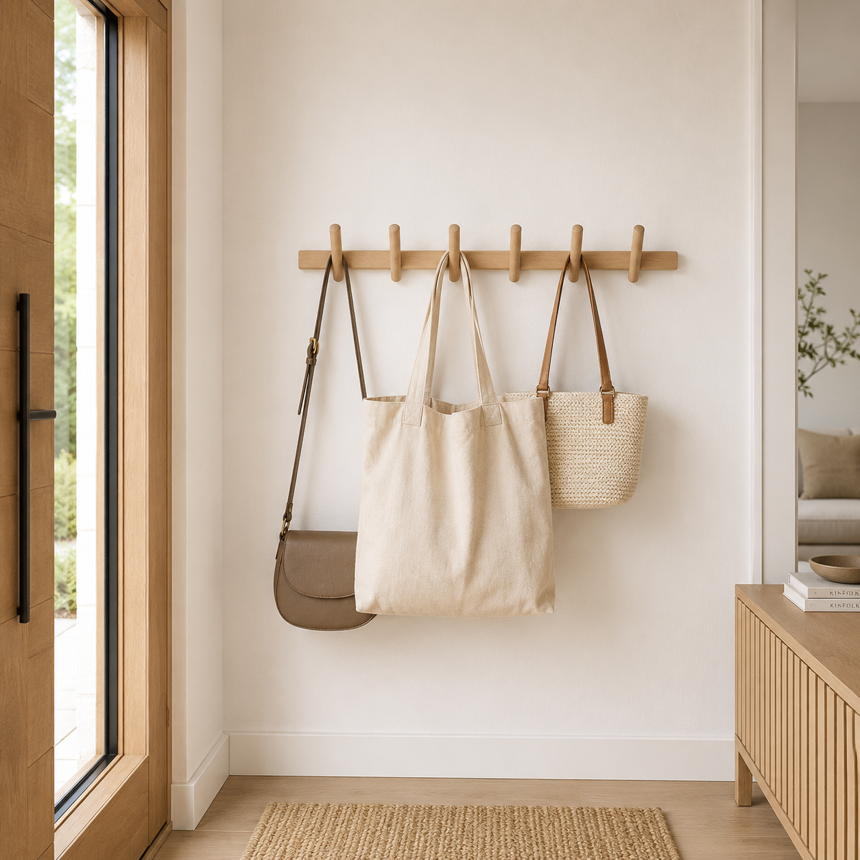 Liora Oak Wood Wall Storage Rack shown in full product view