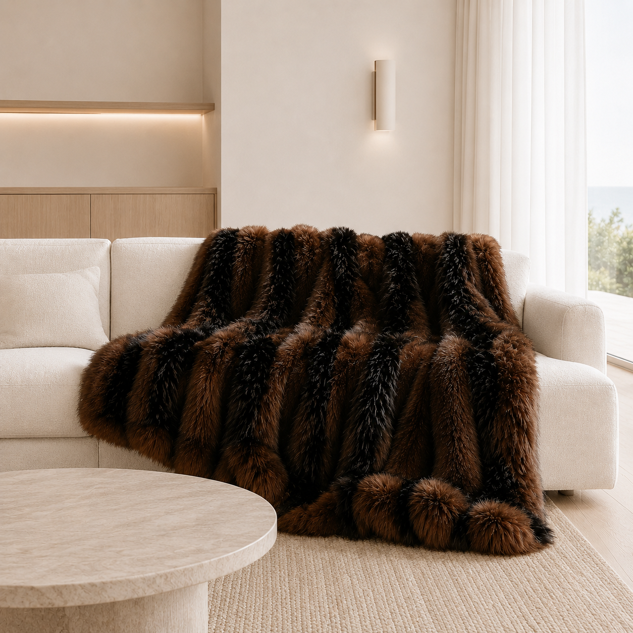 Lorne Faux Fur Blanket layered over an armchair