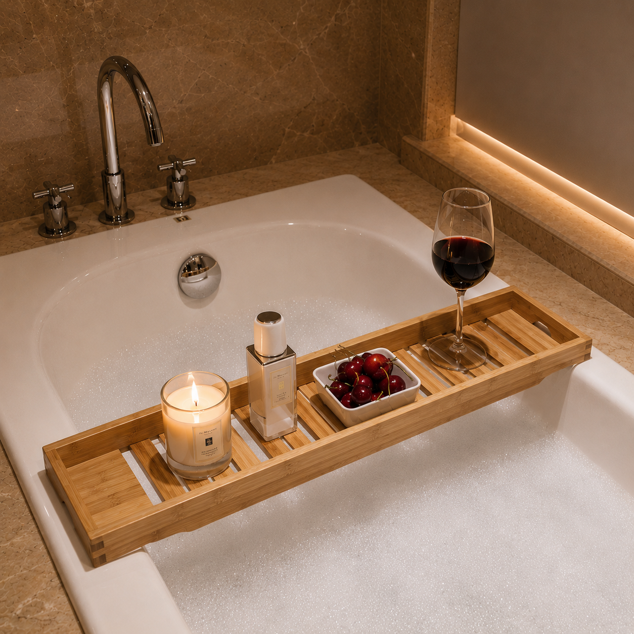 Loxen Bath Tray close-up of the natural bamboo finish