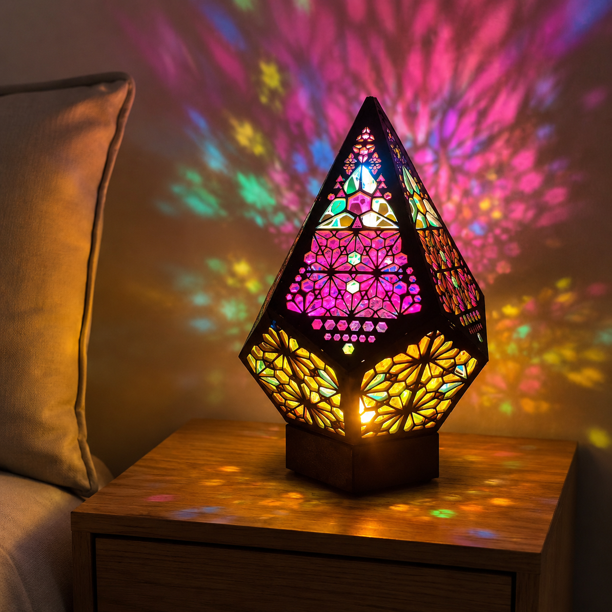Lumi Bohemian Star LED Table Lamp on a bedside table at night