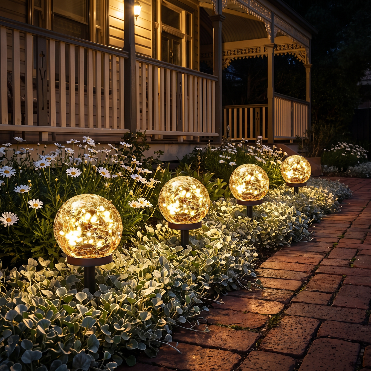 Luna 15cm solar globe lights on stakes along a brick garden path