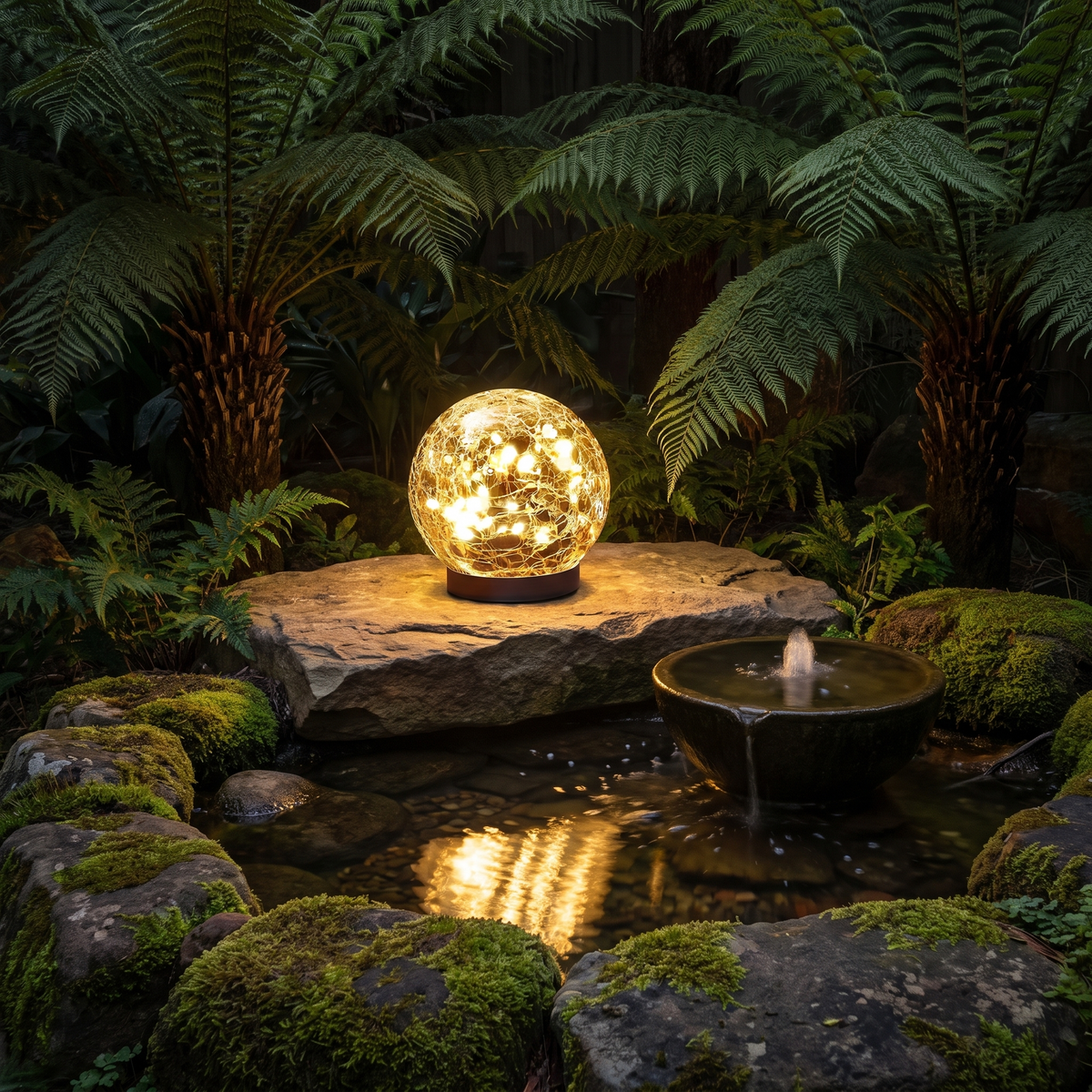 Luna 20cm crackle glass solar globe beside a garden water feature