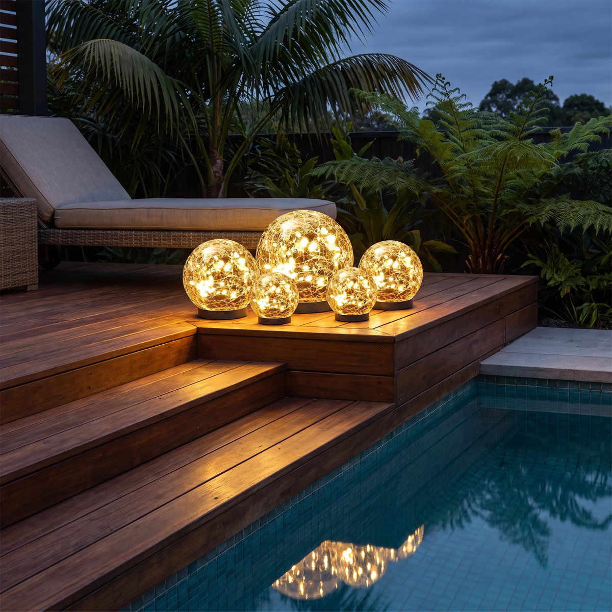 Luna crackle glass solar garden globes in mixed sizes on a pool deck
