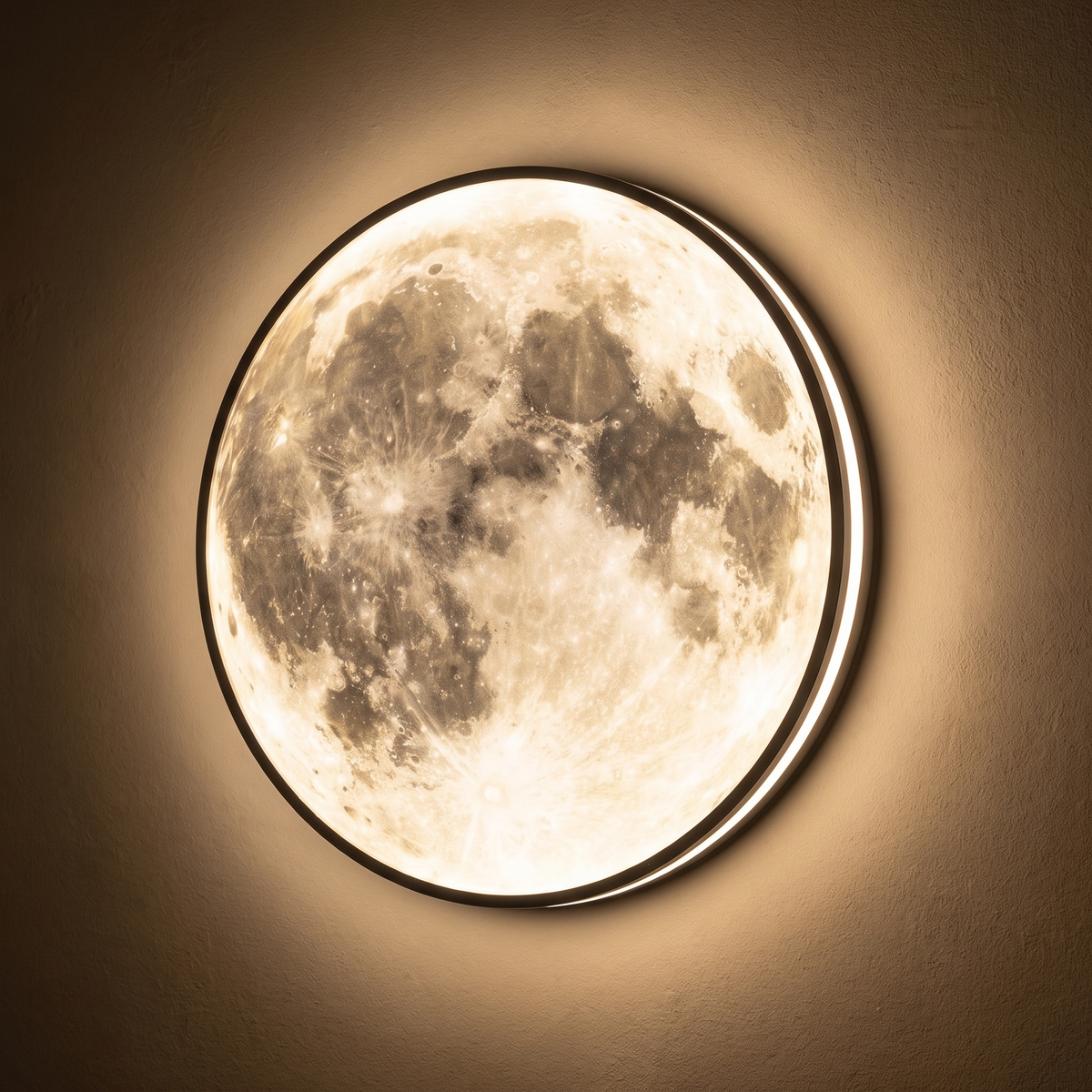 Close-up of the Lune full moon wall light glowing with its slim dark iron rim