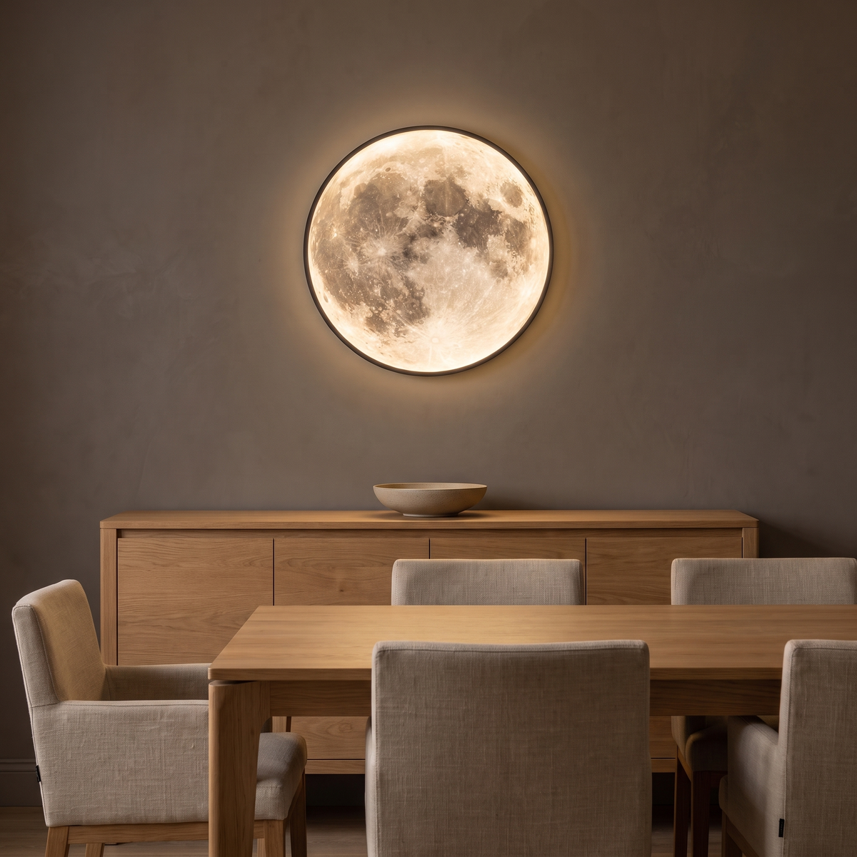 Lune full moon wall light above an oak sideboard in a dining room