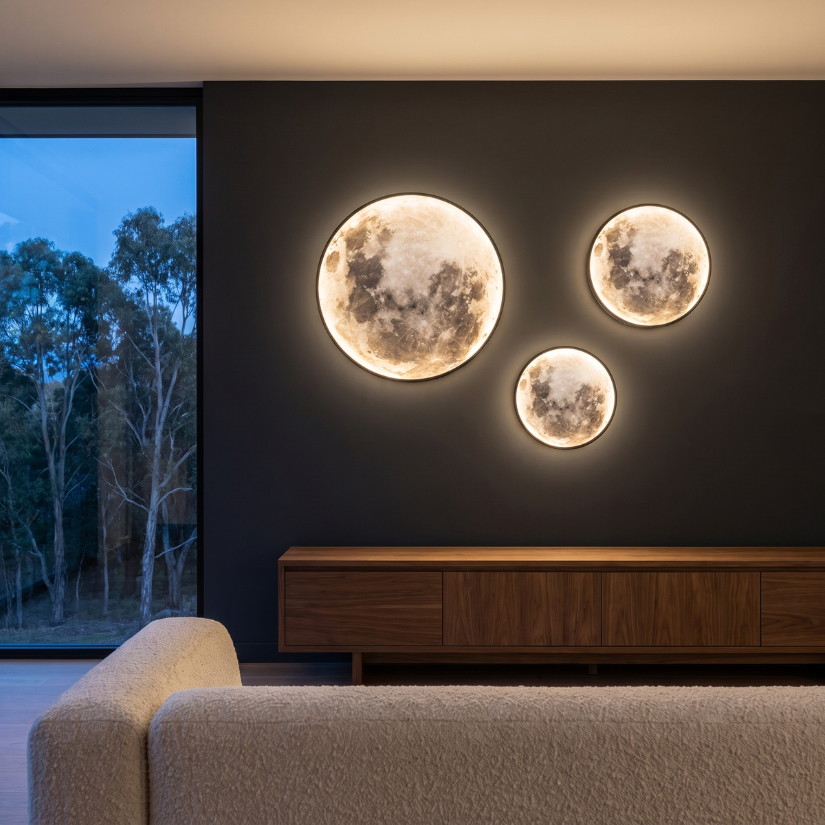 Set of three Lune moon wall lights in different sizes on a charcoal living room wall