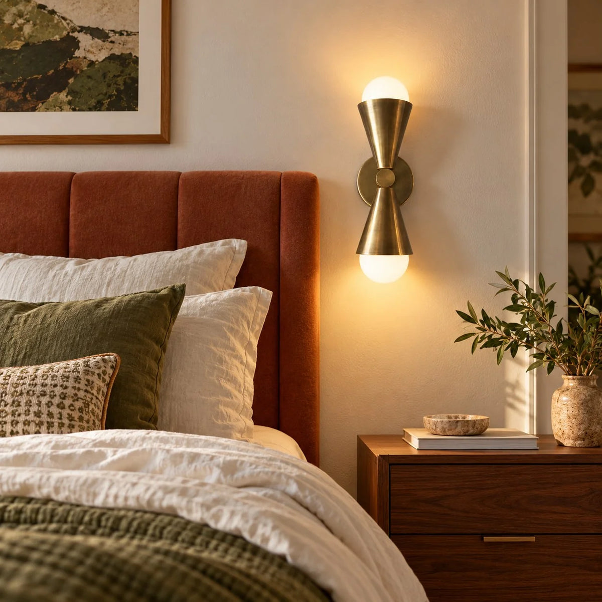 Lura copper up down wall light lit beside a rust velvet bedhead and walnut bedside table