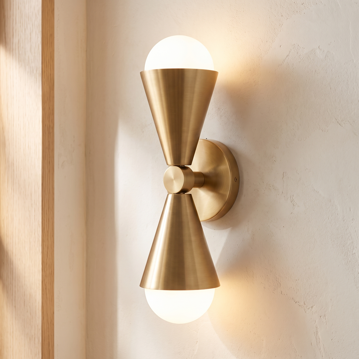 Close-up of the Lura copper hourglass body with two opal glass globe shades