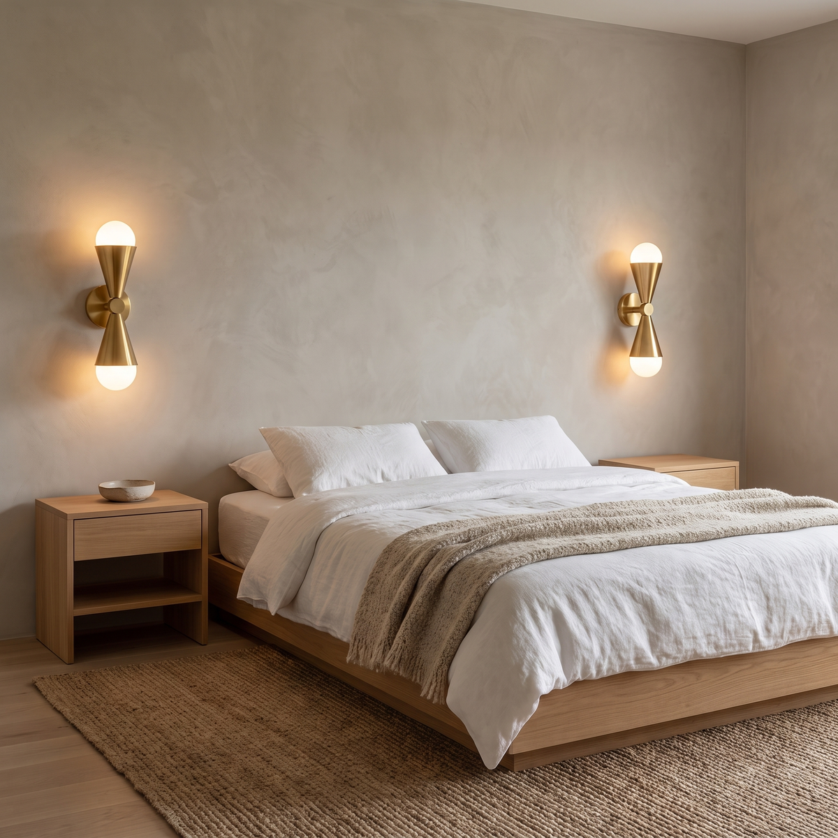Pair of Lura copper and opal glass wall sconces either side of an oak bed in a Scandinavian bedroom