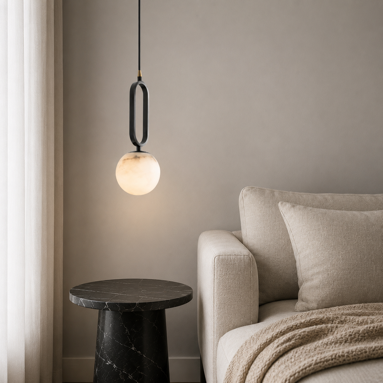 Maki Genuine Alabaster Pendant Light illuminated