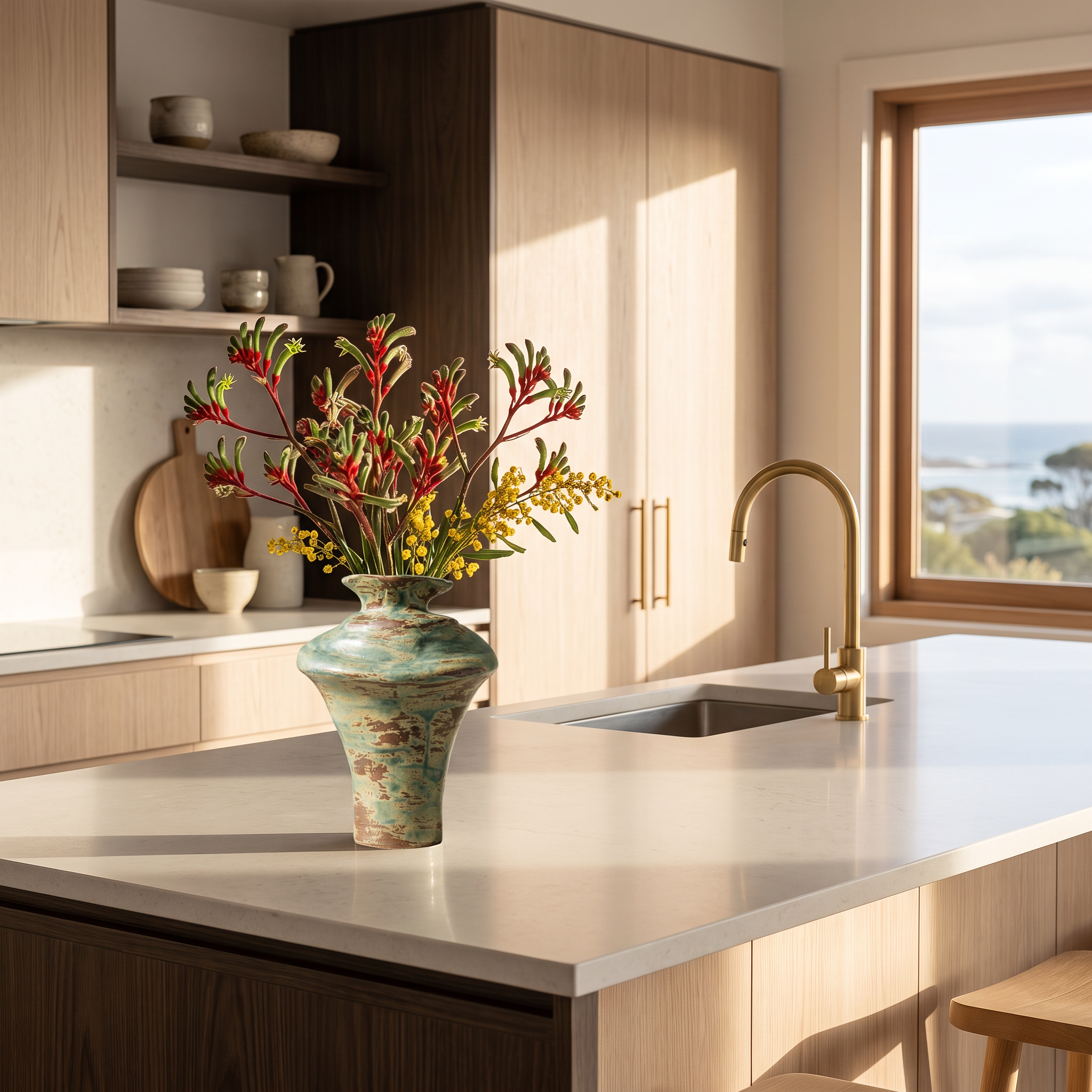 Malabar matte sage green ceramic vase with kangaroo paw and wattle on a kitchen island bench
