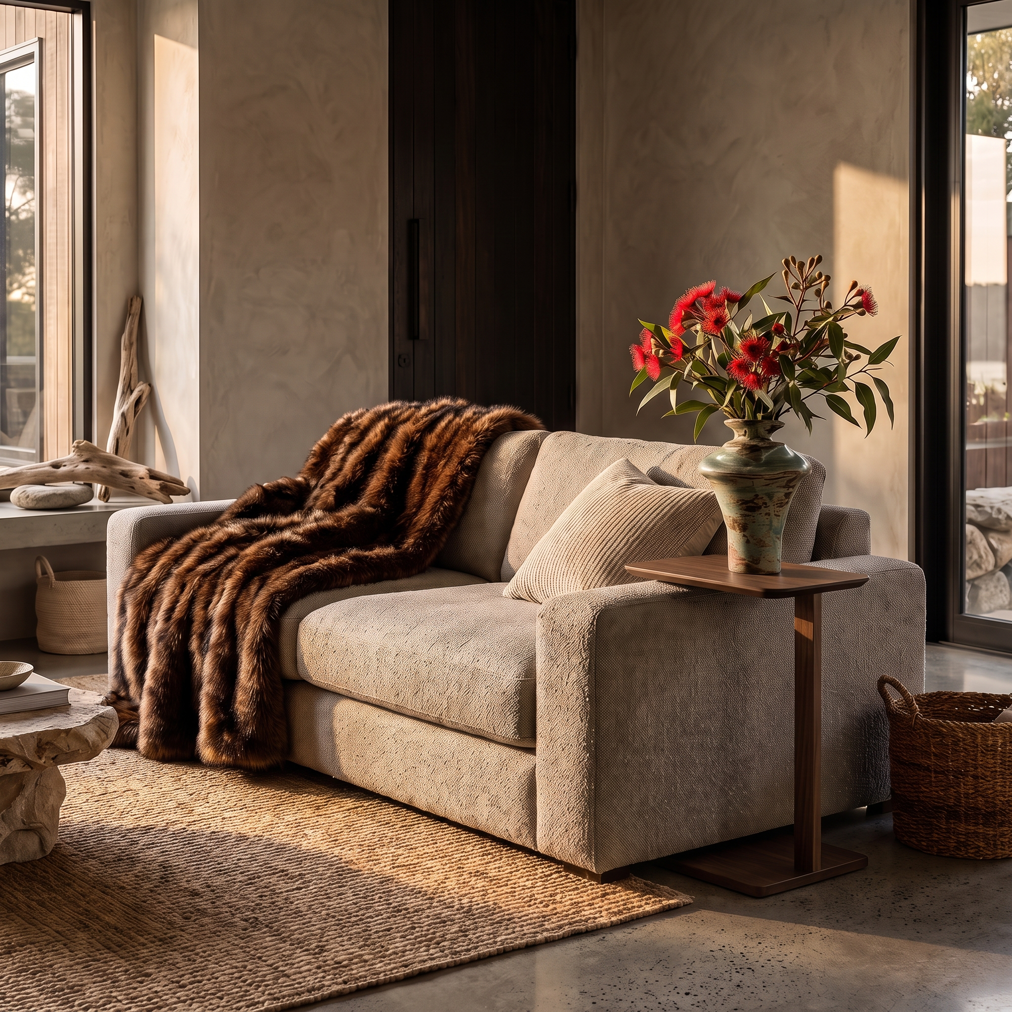 Malabar matte sage green ceramic vase with flowering gum on a walnut C-shaped side table in a warm coastal lounge