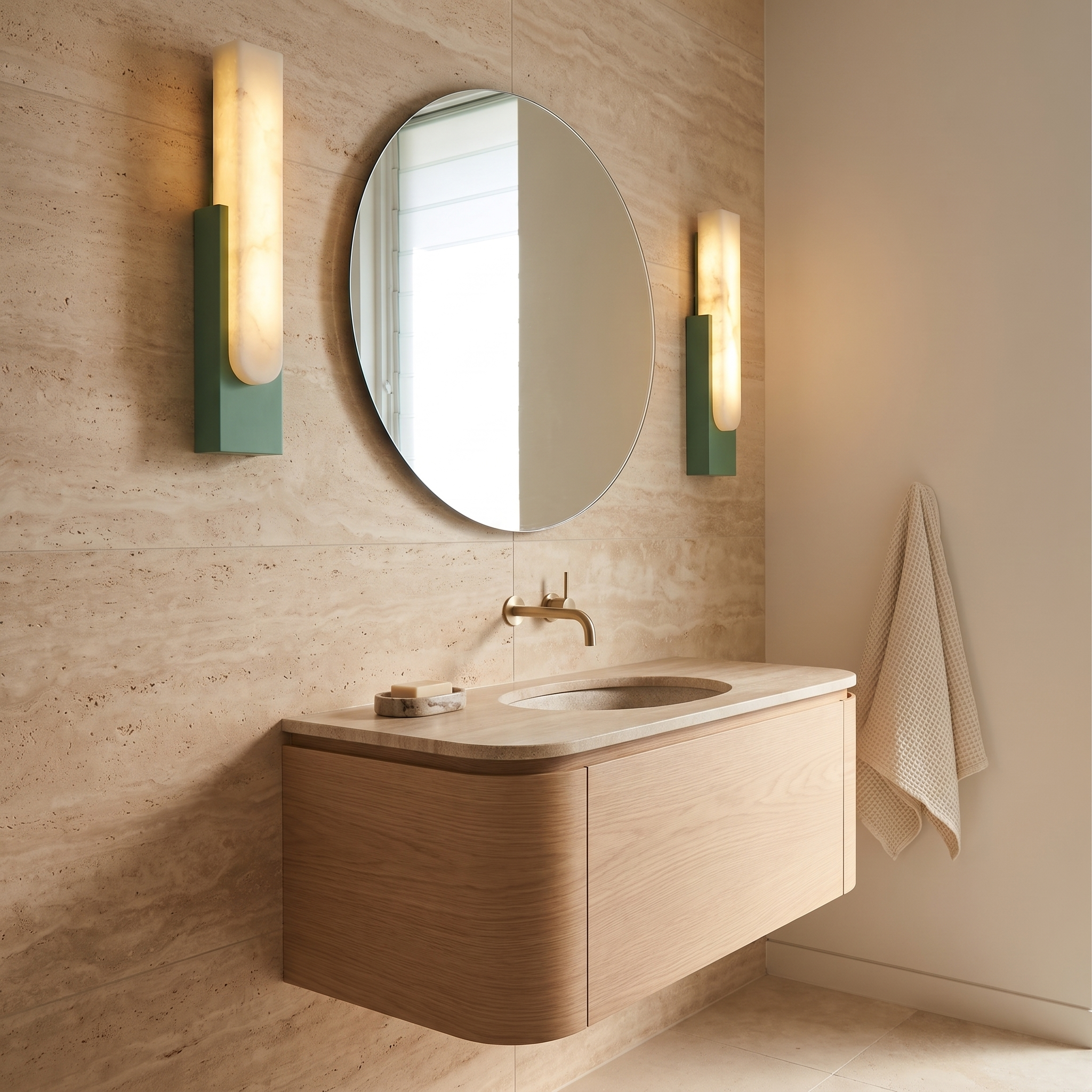 Pair of Mali alabaster LED wall sconces in Green either side of a round mirror in a travertine powder room