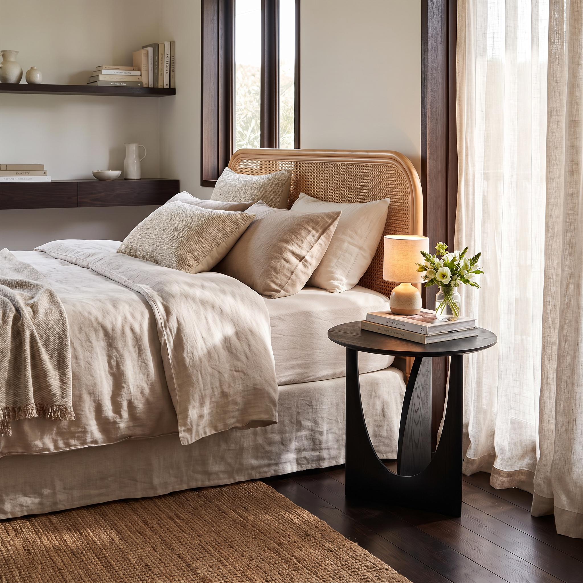 Malmo natural black bedside table styled beside a bed in a coastal Scandinavian bedroom