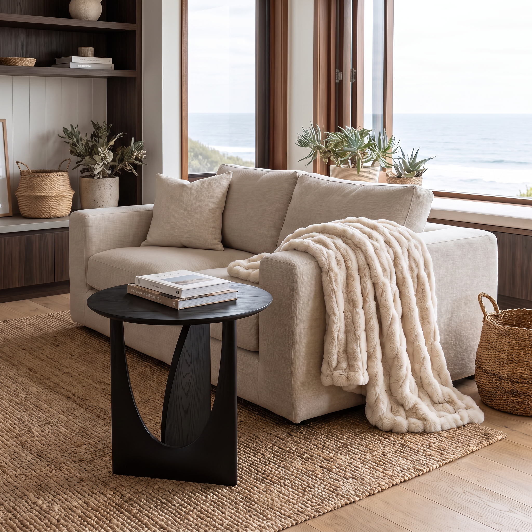 Malmo natural black side table in a coastal Scandinavian living room beside a linen sofa
