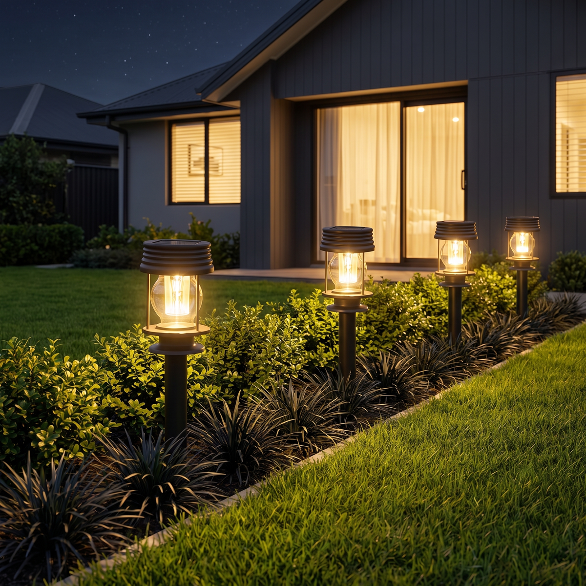 Four Mari Outdoor Solar Lanterns on ground stakes glowing in a mondo grass bed by a suburban home at night