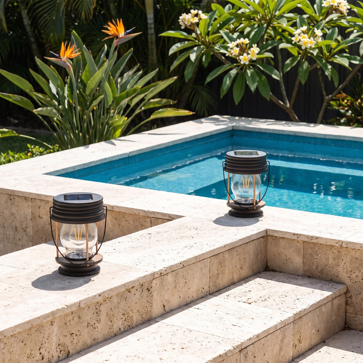 Two portable Mari Outdoor Solar Lanterns on travertine plunge pool steps with frangipani on a sunny day