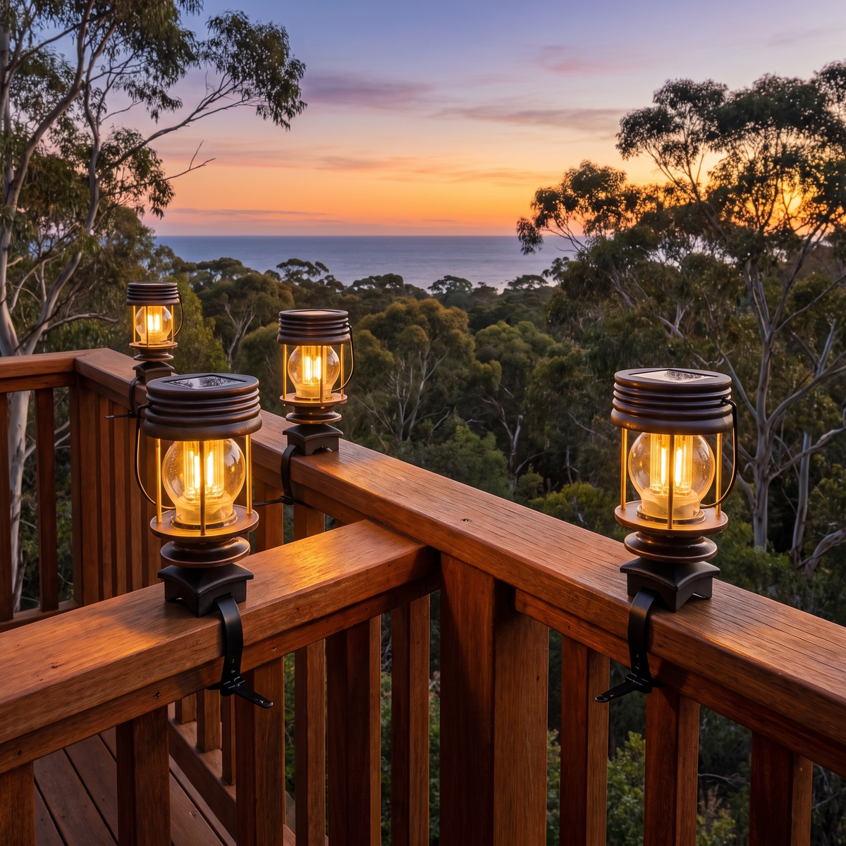 Four Mari Outdoor Solar Lanterns strapped to a spotted gum deck rail with a treetop ocean view at dusk