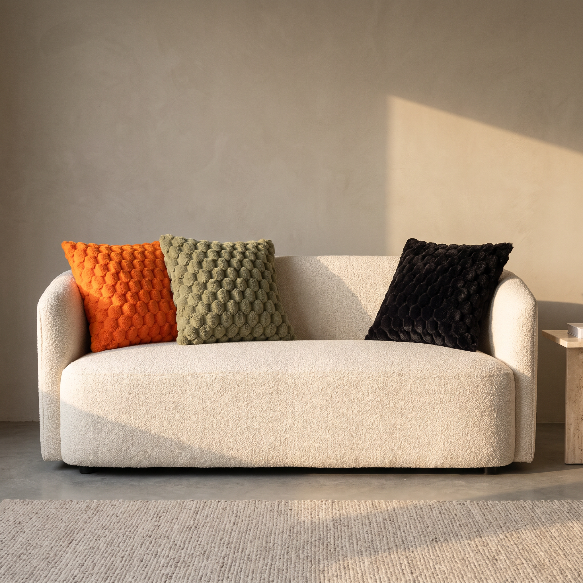 Maria cushion covers in orange, green and black on a cream boucle sofa