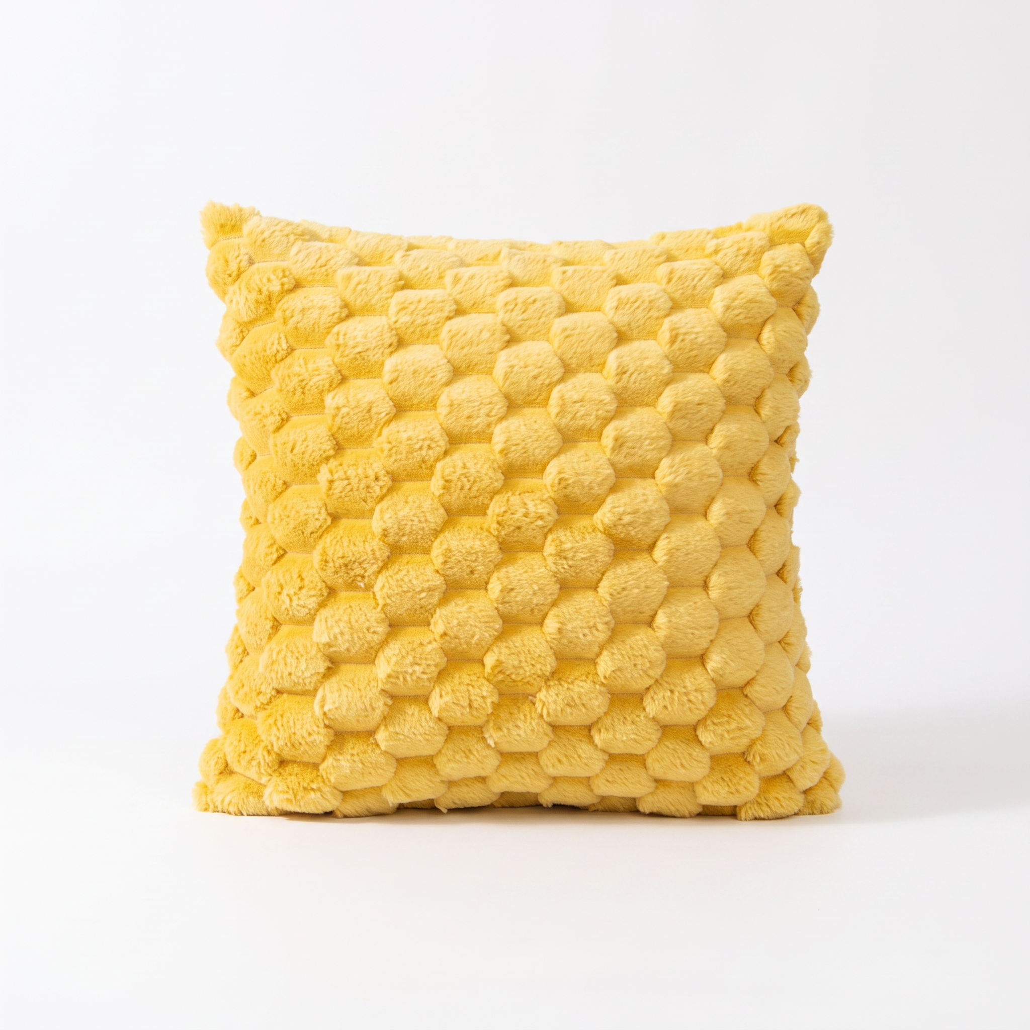 Maria plush 3D textured cushion cover in yellow on a white background