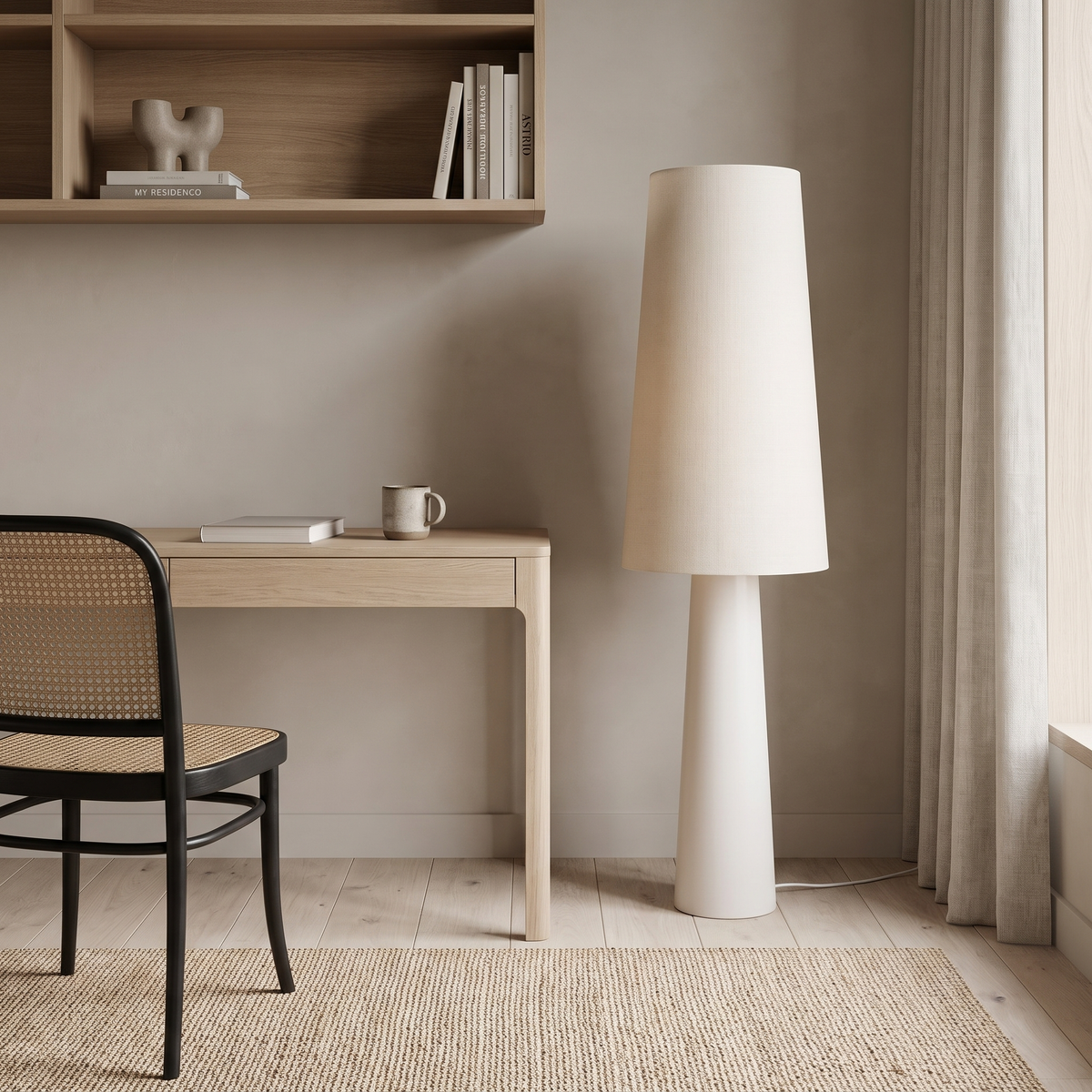 Marit Modern Floor Lamp beside an oak desk in a Japandi home study