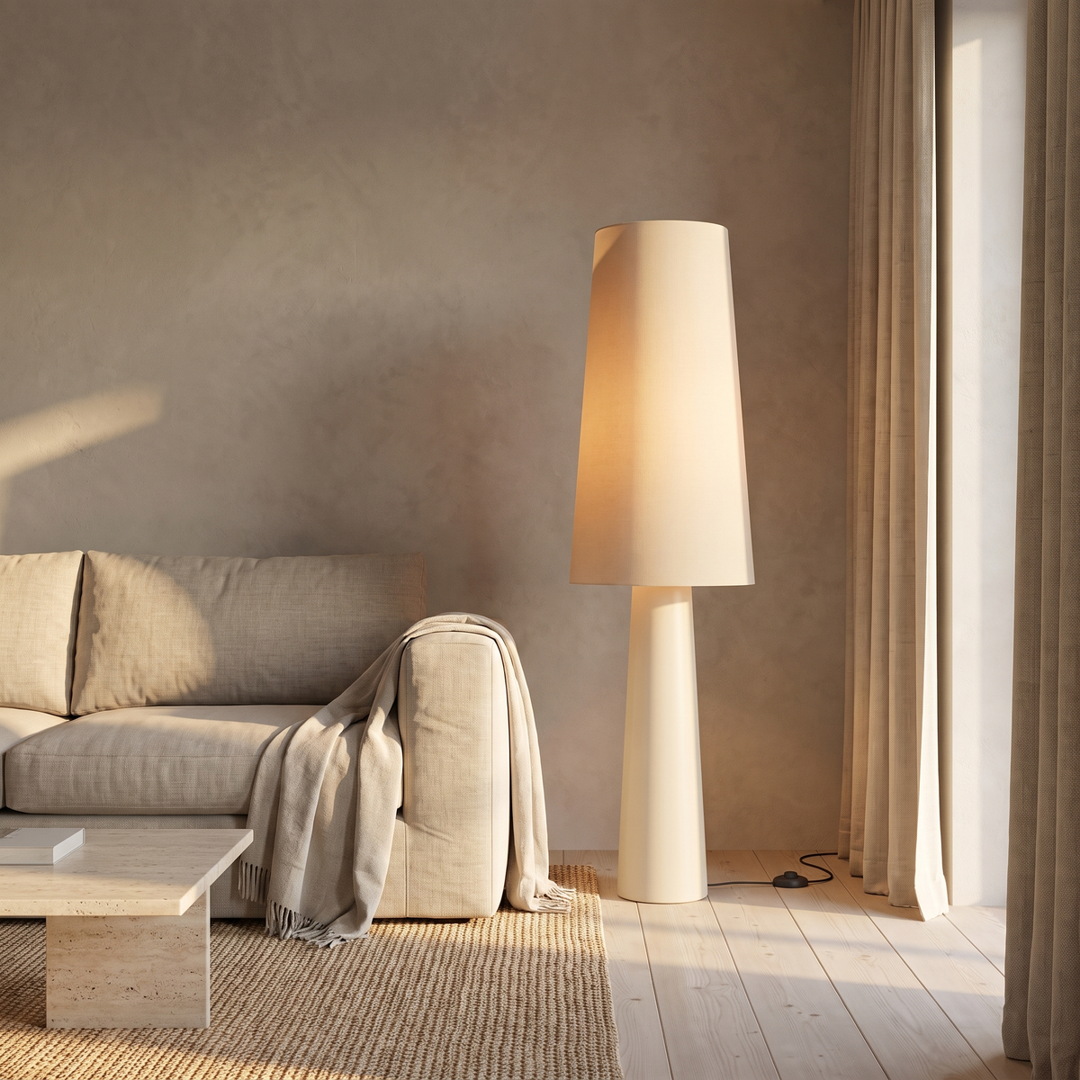 Marit Modern Floor Lamp beside a linen sofa in a wabi-sabi living room