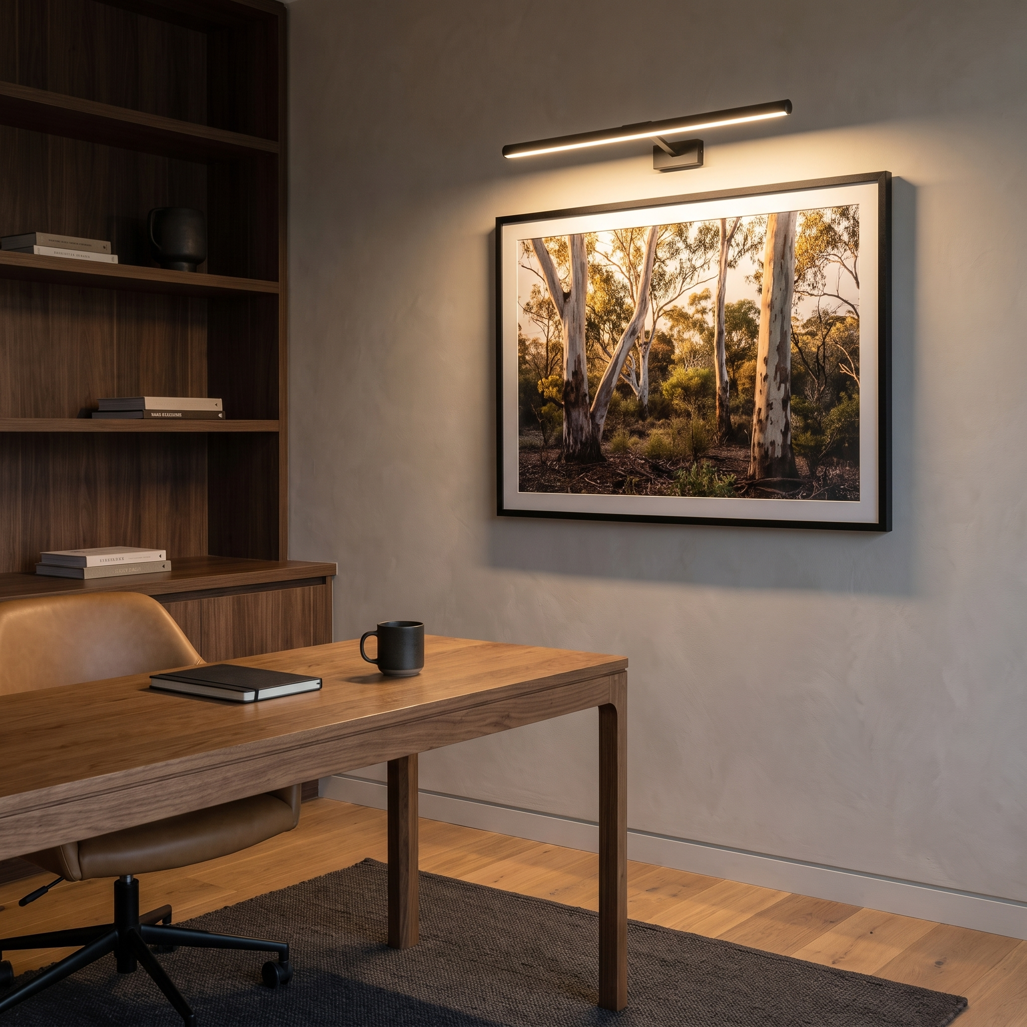 Marley cordless rechargeable picture light in Black lighting a framed bushland print above a home office desk