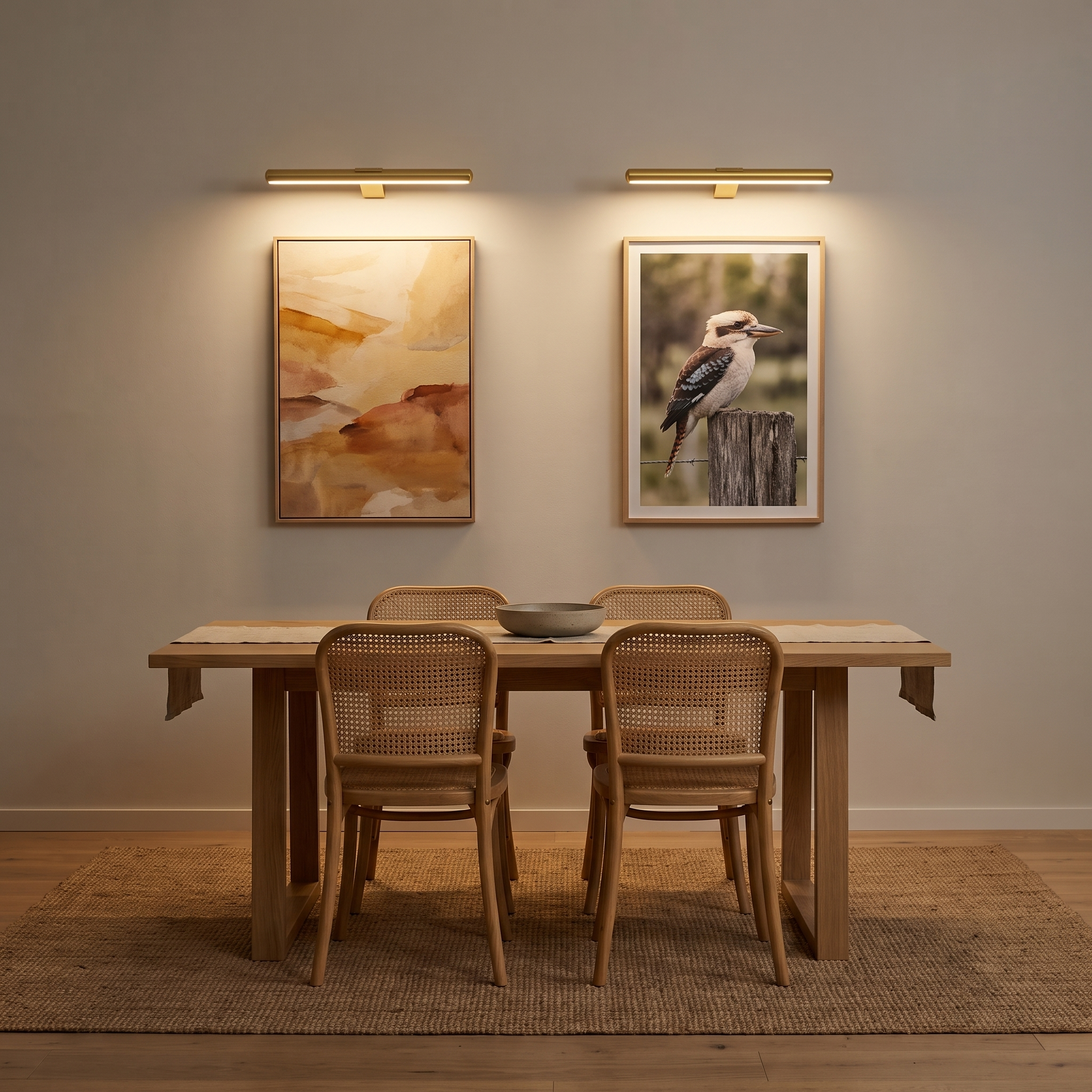 Two Marley cordless picture lights in Gold lighting a pair of framed artworks in a dining room