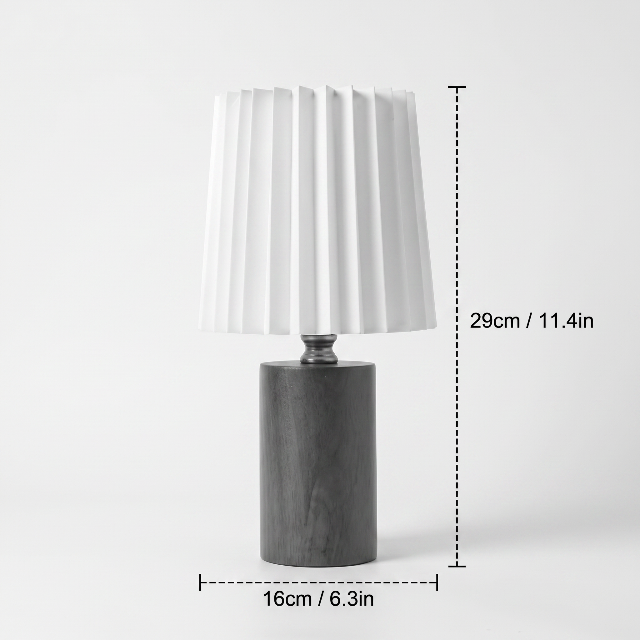 Marlo wood table lamp dimensions diagram in black and white, 29cm/11.4in high and 16cm/6.3in base diameter