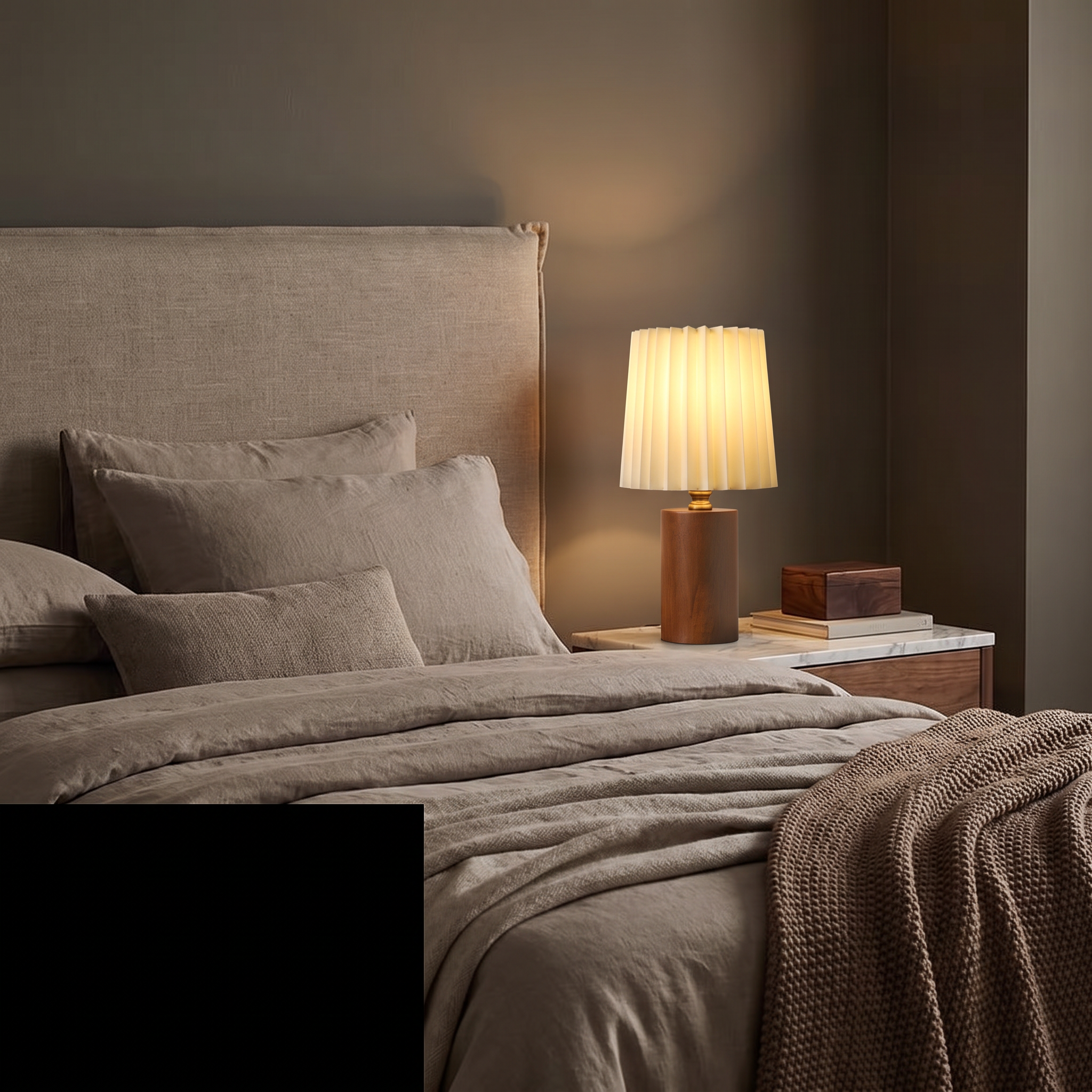Marlo solid wood table lamp on a marble bedside in a warm luxe bedroom