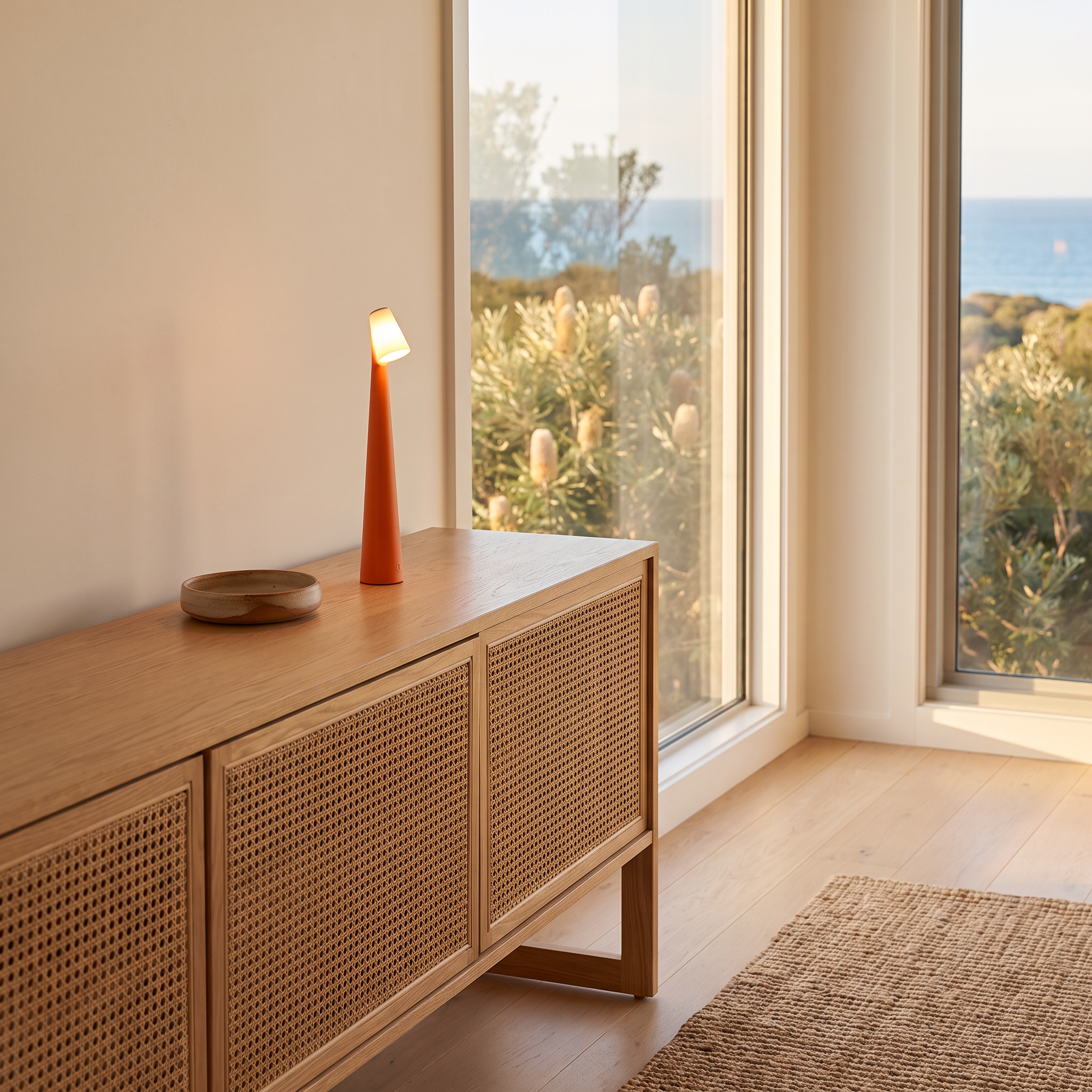Massa cordless dimmable LED table lamp in Orange on a rattan and timber sideboard
