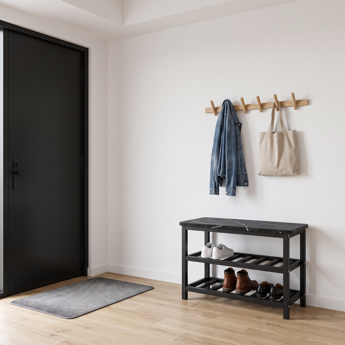 Mata shoe rack in an apartment entry below a Liora oak wall rack