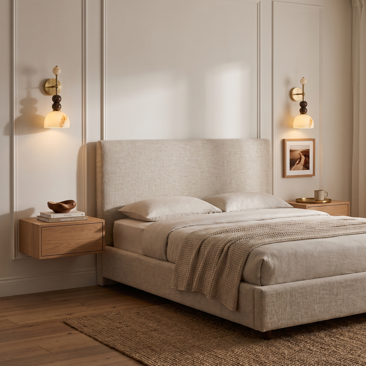 Mathilde marble wall light either side of a linen bedhead in a French-inspired bedroom