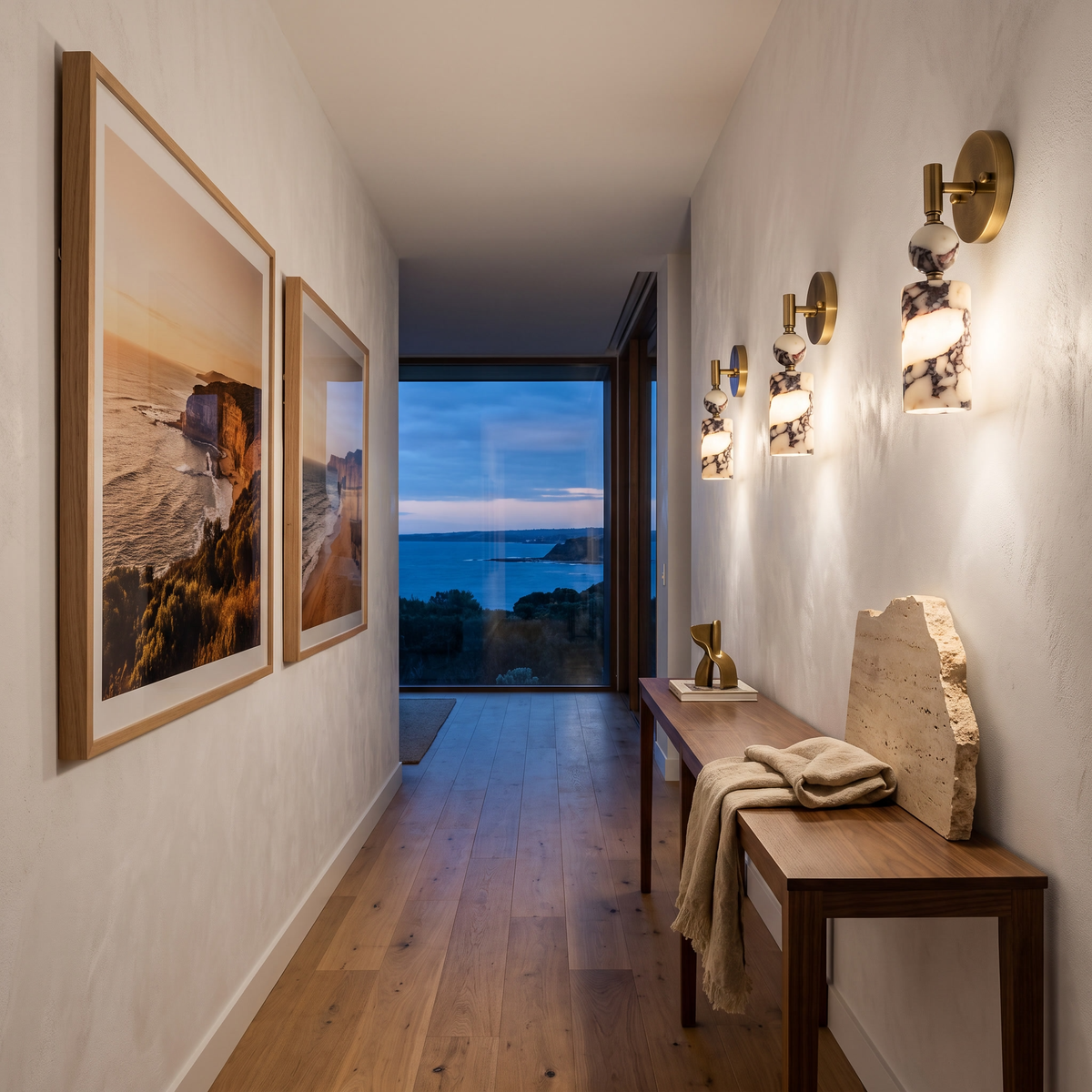 Matteo marble wall light along a beach house hallway on the Mornington Peninsula