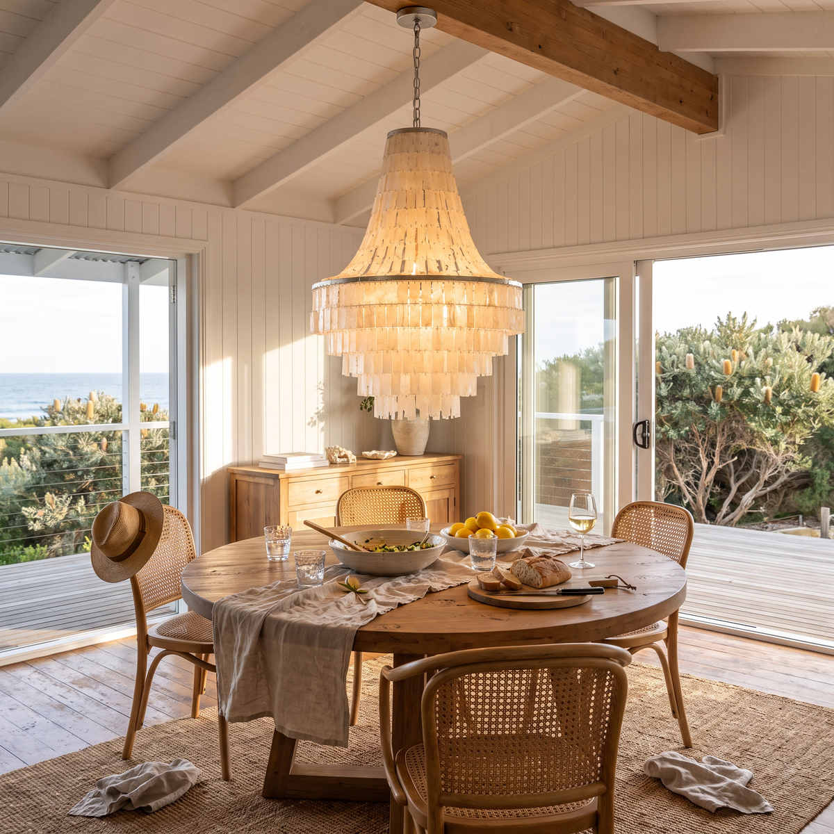 Maui shell chandelier above a round timber table set for lunch in an Australian beach house