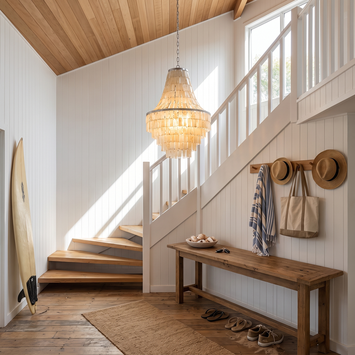 Maui shell chandelier in a beach house entry with a timber stair, hats on pegs and a surfboard