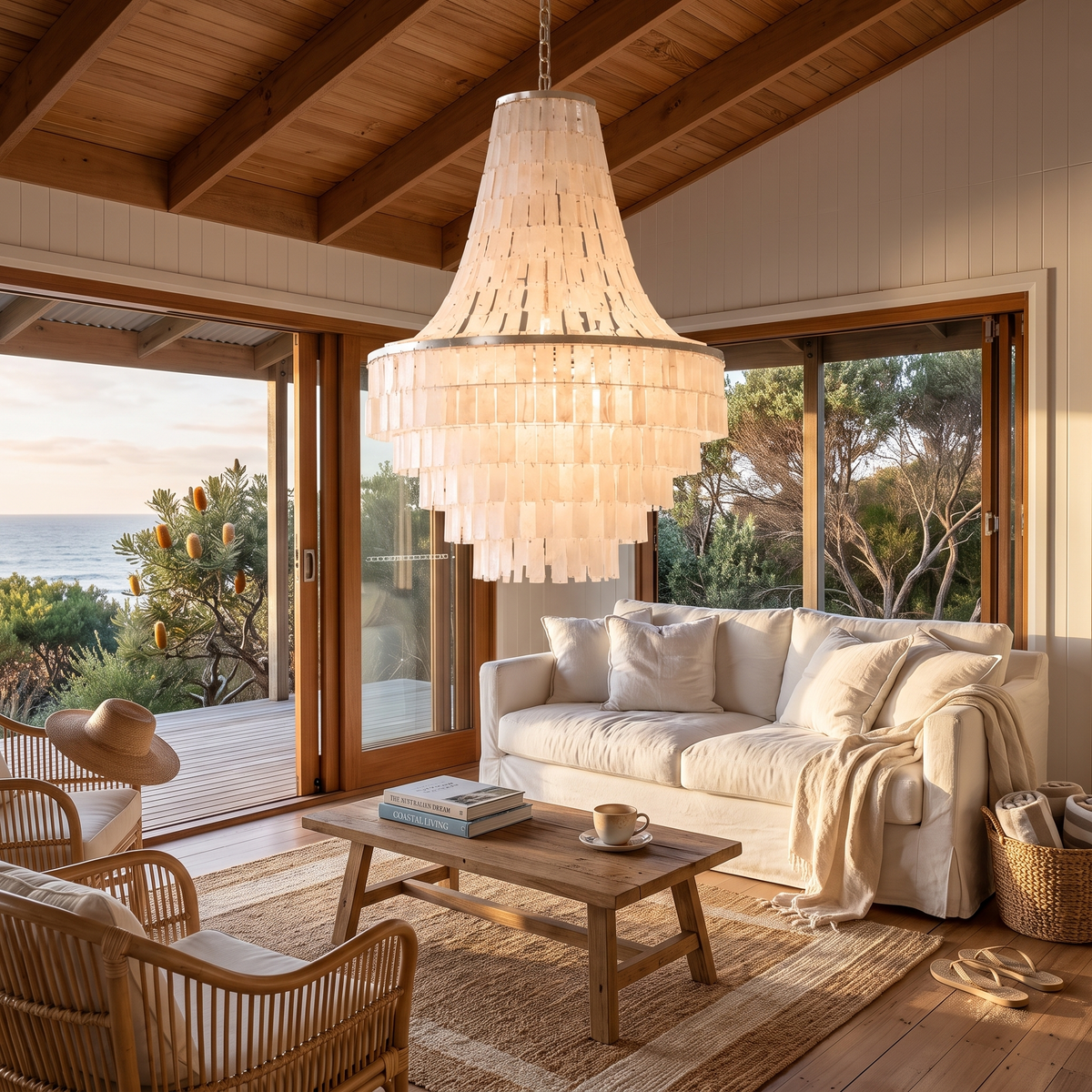 Maui shell chandelier as a feature light in a beach house living room with doors open to the deck
