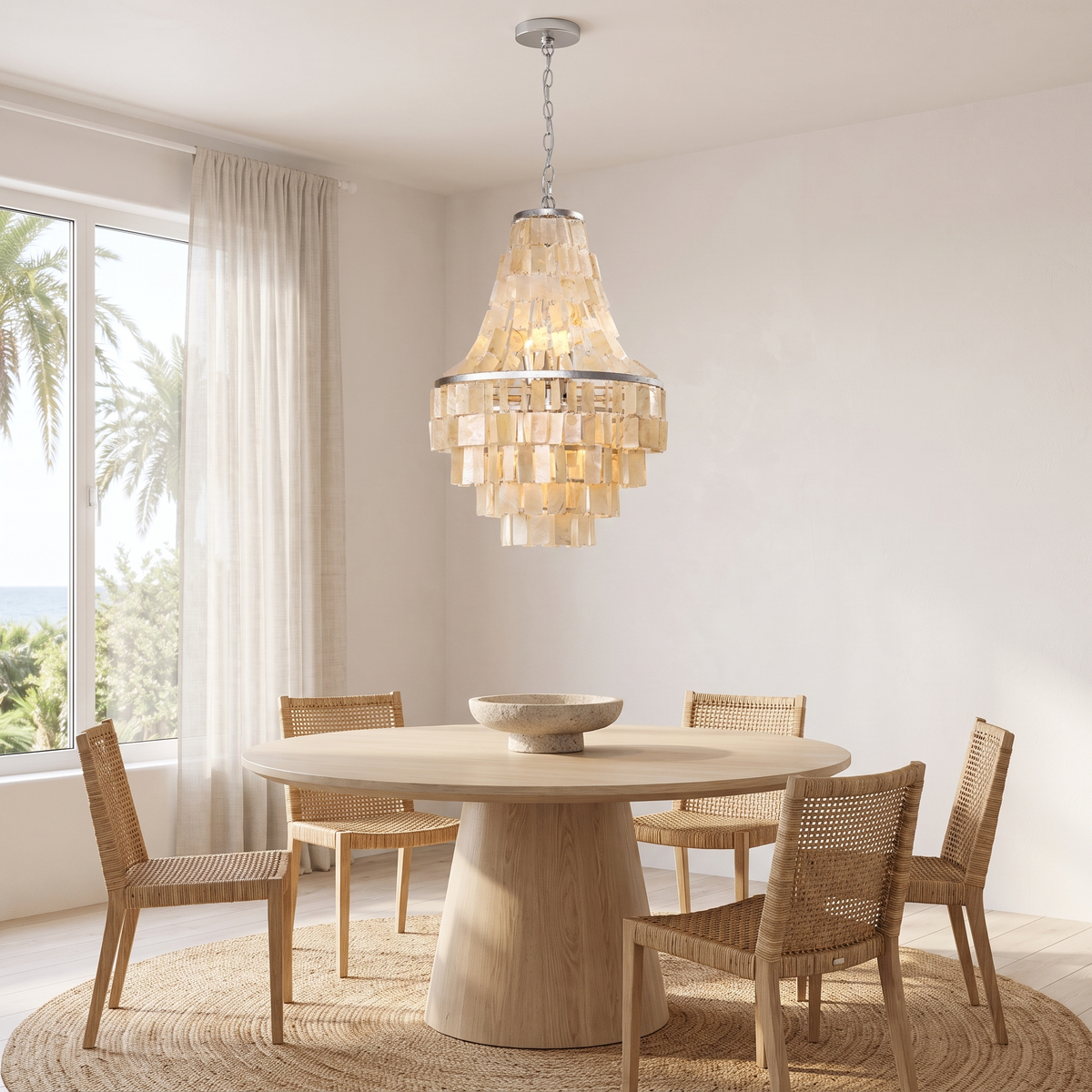 Maui tiered shell chandelier above a round oak dining table in a coastal Australian dining room