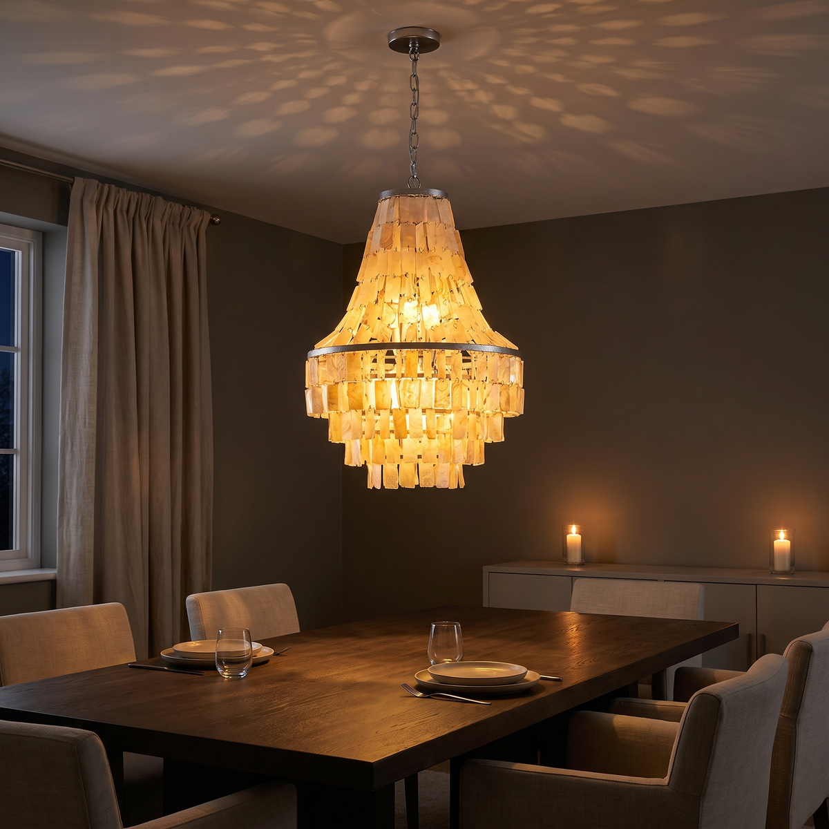 Maui tiered shell chandelier lit at night casting dappled shell shadows over a formal dining table
