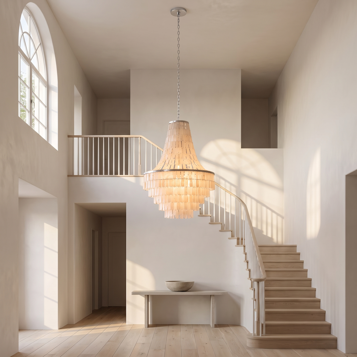 Maui tiered shell chandelier hanging in a double-height entry stairwell above a console table