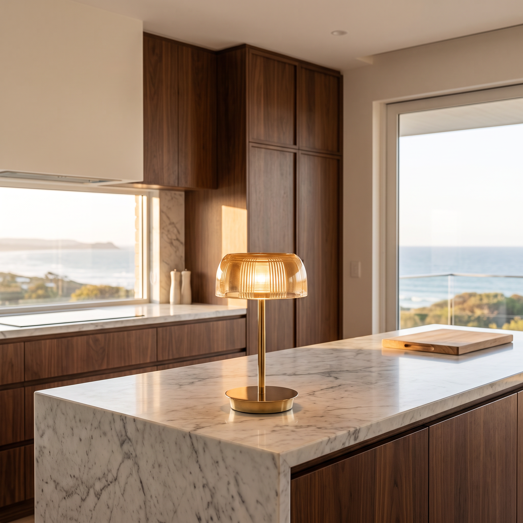 Mermaid portable LED table lamp glowing on a marble kitchen island with an ocean view