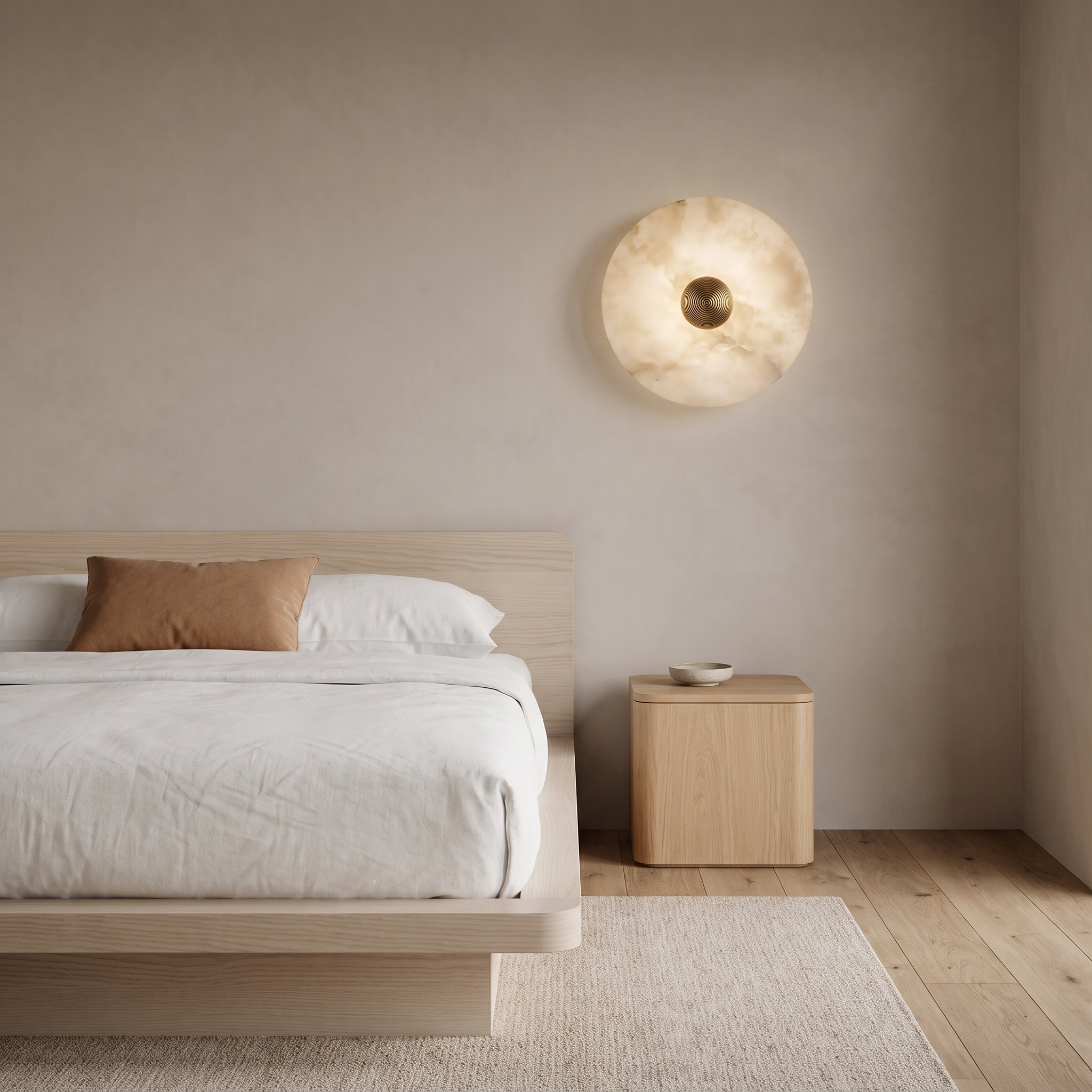Miki round alabaster wall light above a low platform bed in a Japandi coastal bedroom