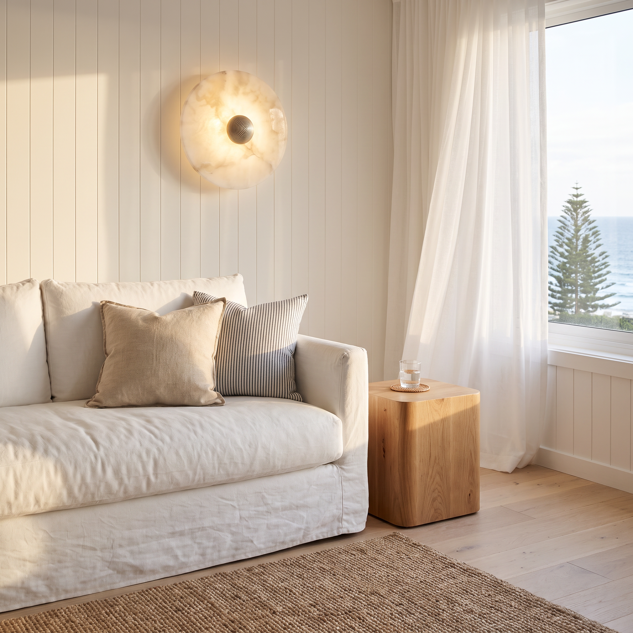 Miki round alabaster wall light on shiplap panelling above a white linen sofa in a beach house living room
