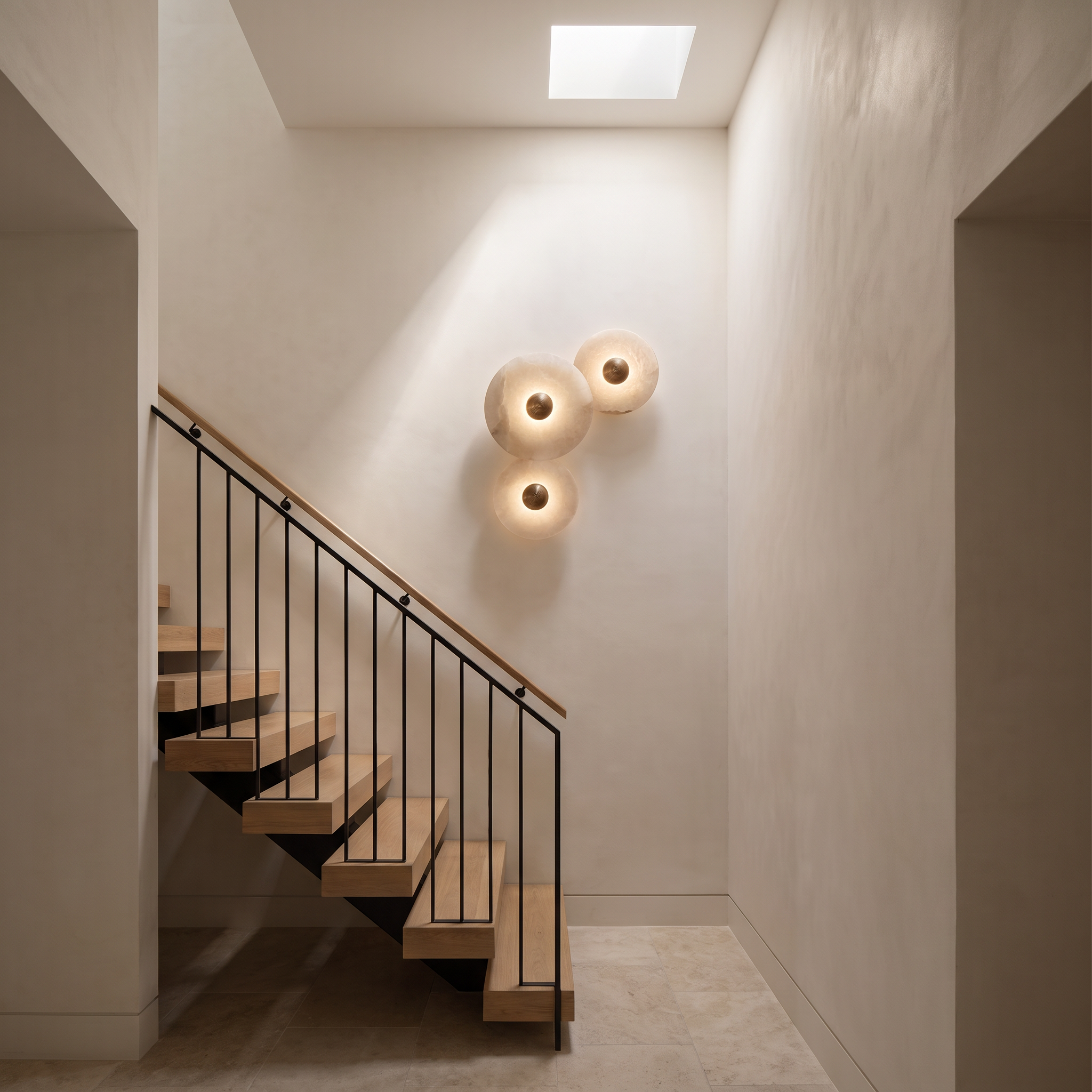 Miki round alabaster wall light three-disc set on a tall stairwell wall beside a floating oak staircase