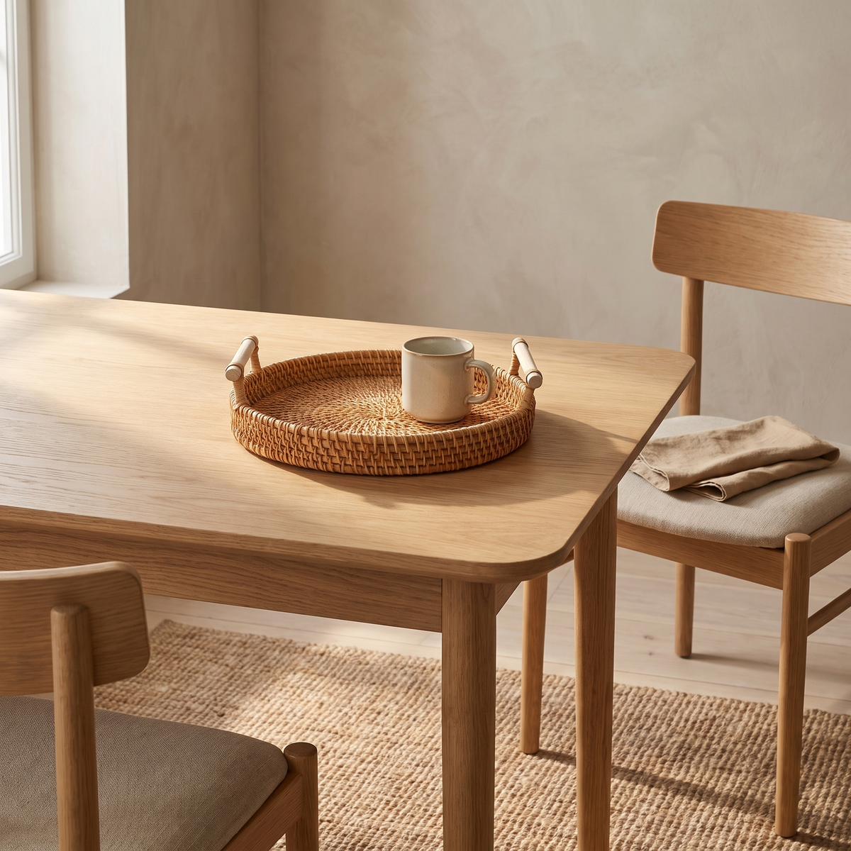 Mila Rustic Rattan Serving Tray styled on a light oak dining table in a Scandinavian Australian dining room