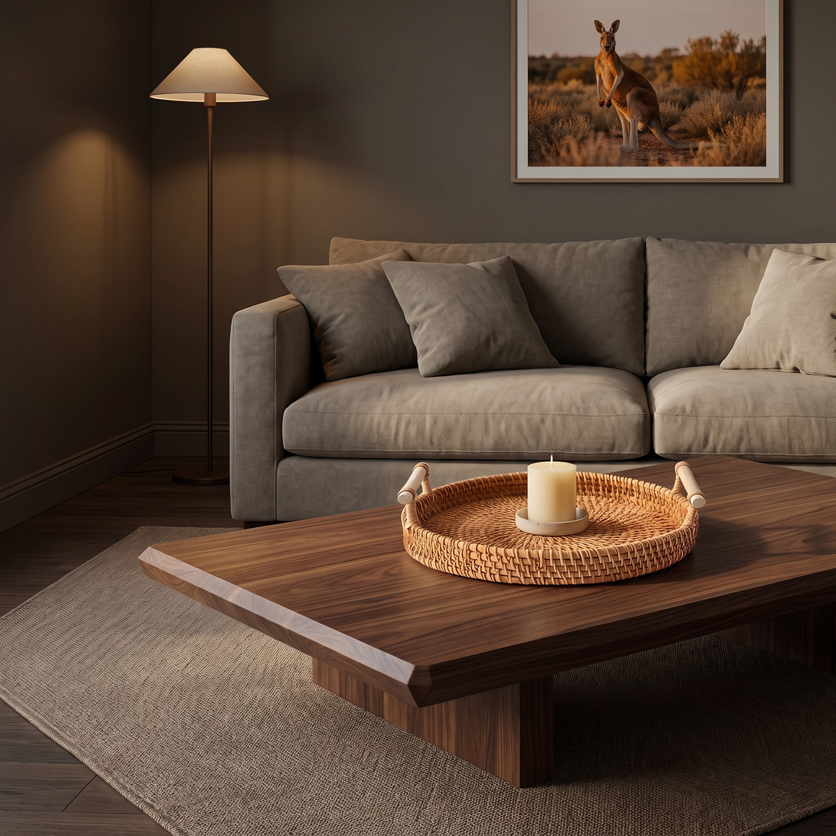 Mila Rustic Rattan Serving Tray on a dark walnut coffee table in a warm living room at dusk