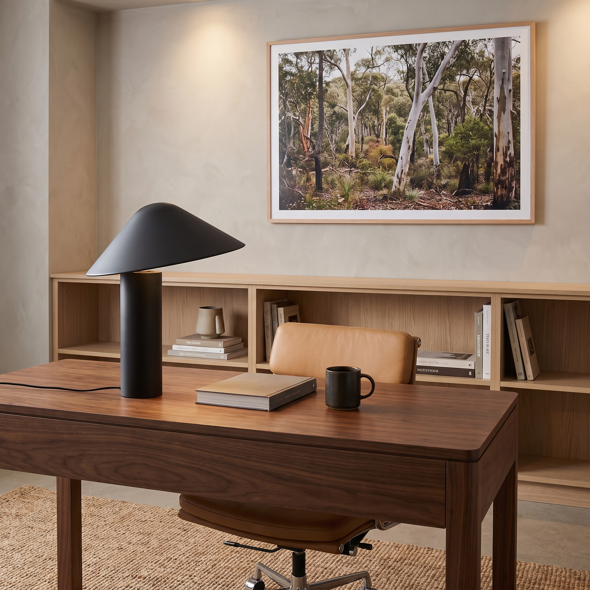 Milton black dome table lamp on a walnut desk in a styled home office