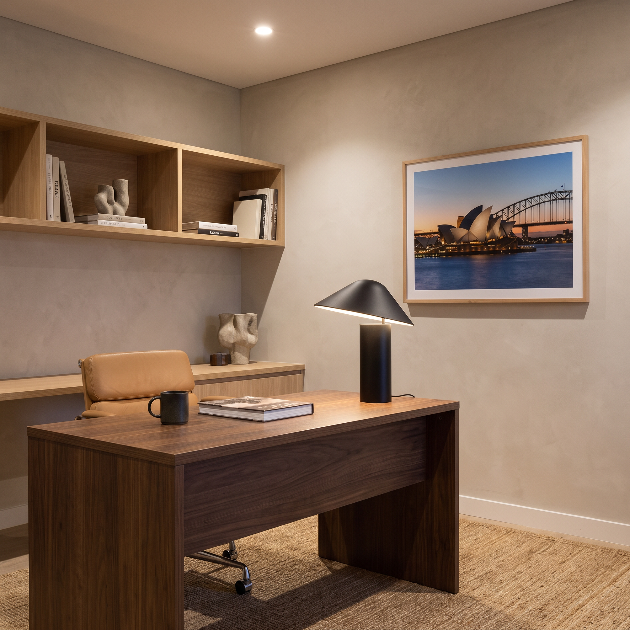 Milton black dome table lamp on a walnut desk in a home office with Sydney Harbour artwork